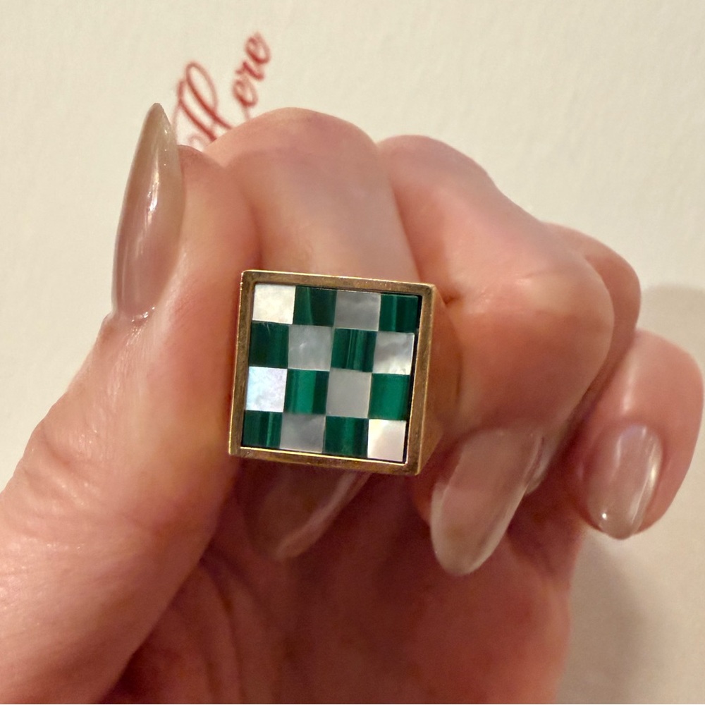 Tarin Thomas Samuel mini ring malachite and pearl with yellow brass size 6